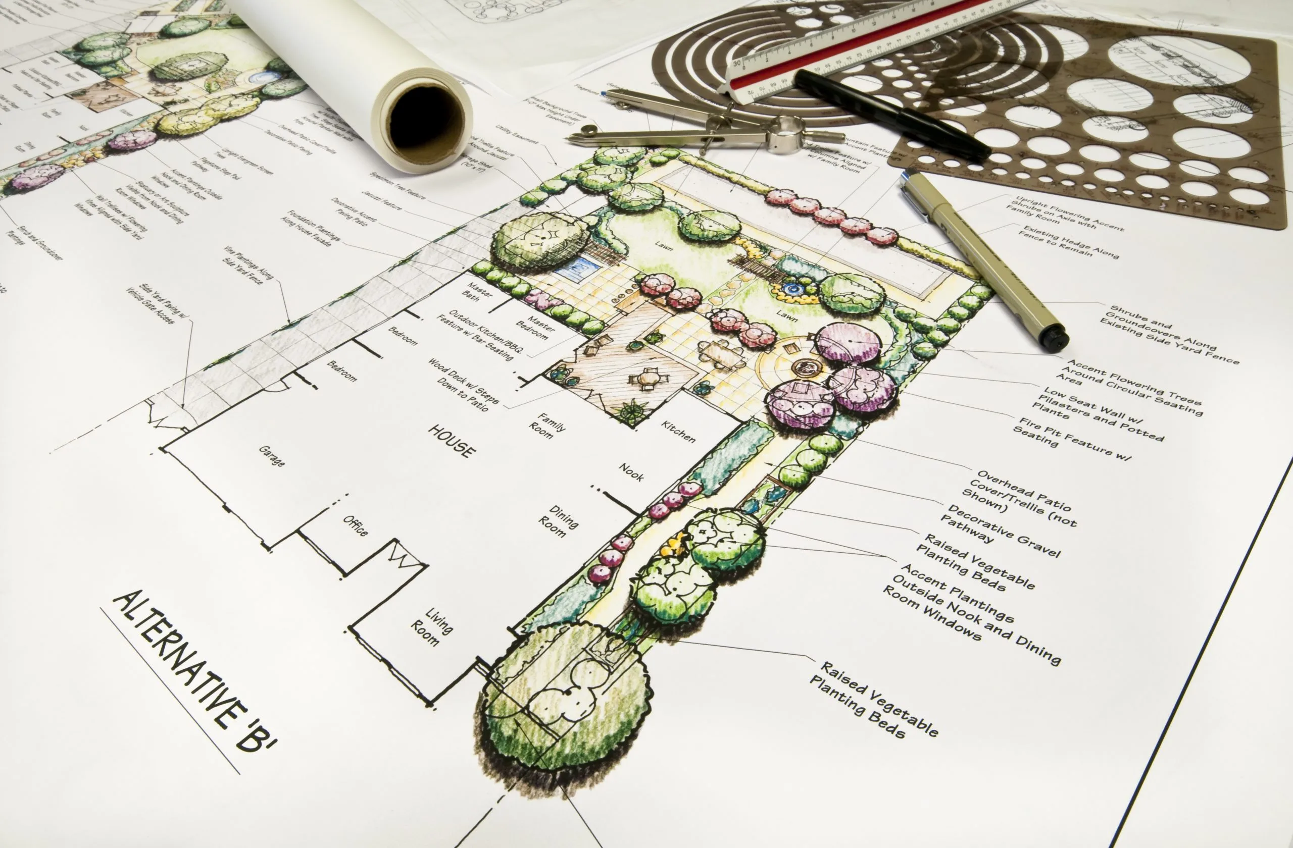 住宅后院景观设计与绘图 Green Forest - Cyprus' leading landscaping company - Residential back yard landscape design with drafting scaled